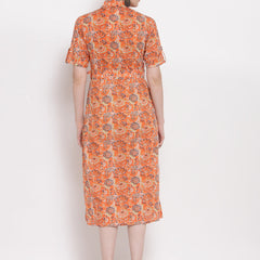 Indibelle Cotton orange Floral Print A-Line Dress
