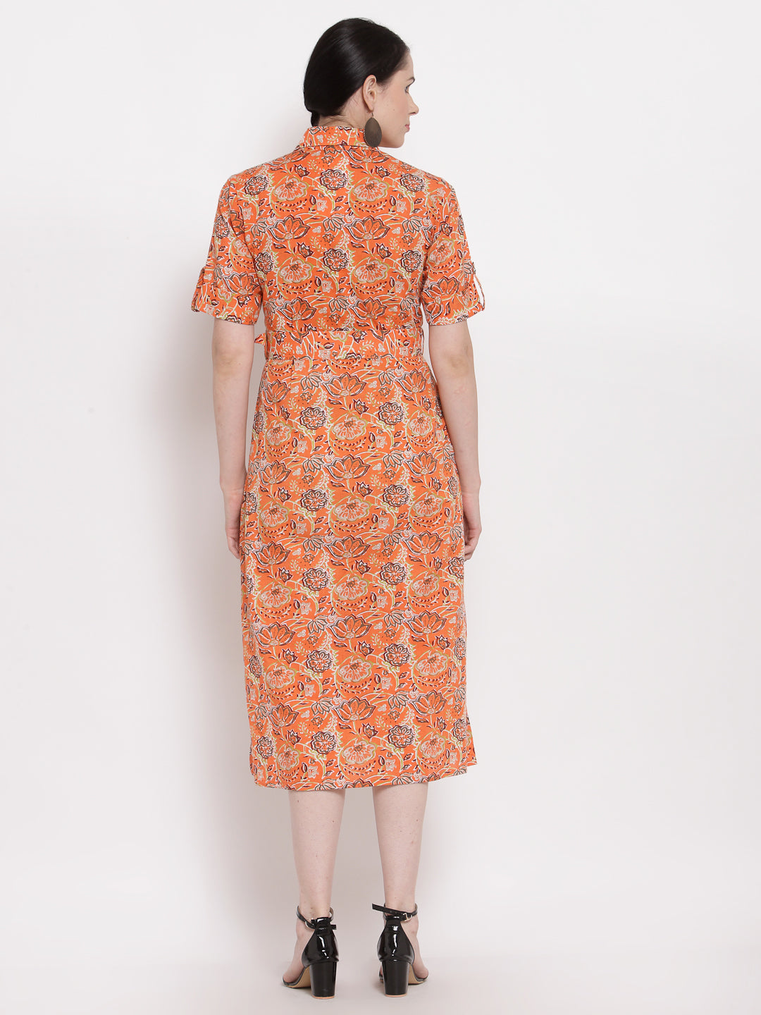 Indibelle Cotton orange Floral Print A-Line Dress