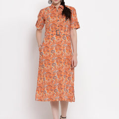 Indibelle Cotton orange Floral Print A-Line Dress