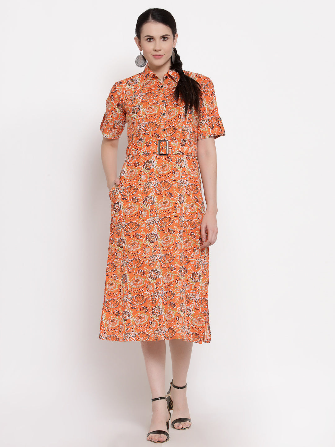 Indibelle Cotton orange Floral Print A-Line Dress