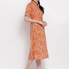 Indibelle Cotton orange Floral Print A-Line Dress