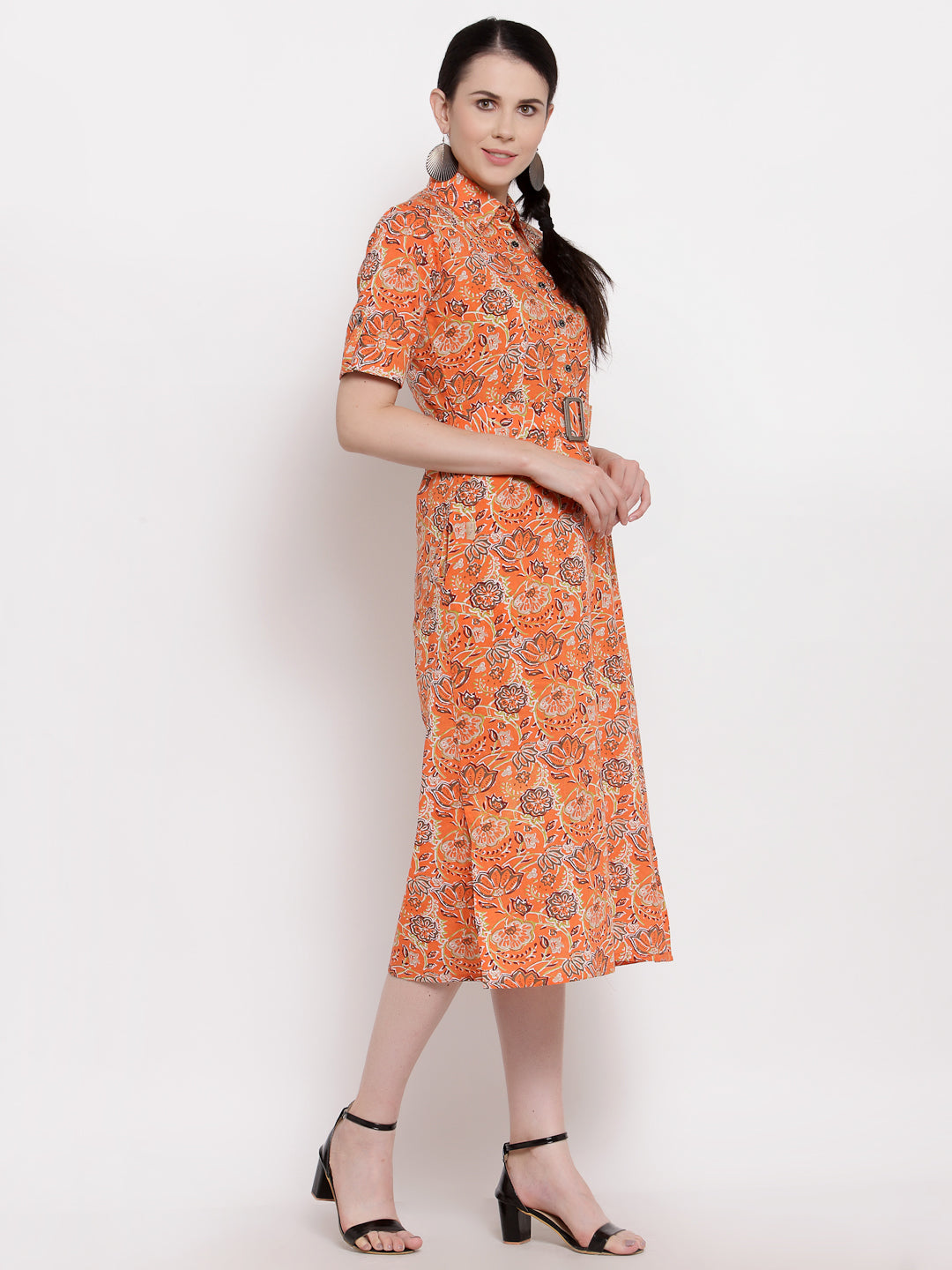 Indibelle Cotton orange Floral Print A-Line Dress