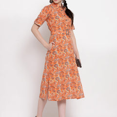 Indibelle Cotton orange Floral Print A-Line Dress