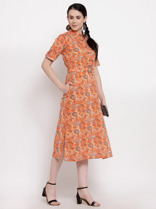 Indibelle Cotton orange Floral Print A-Line Dress