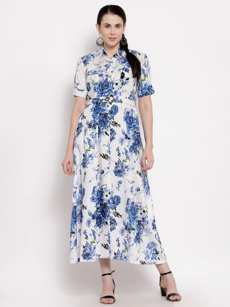 Indibelle Rayon Blue Floral Print A-Line Dress