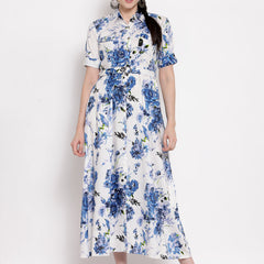 Indibelle Rayon Blue Floral Print A-Line Dress