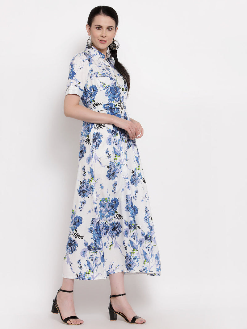 Indibelle Rayon Blue Floral Print A-Line Dress