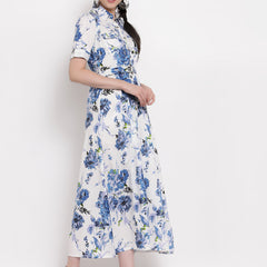 Indibelle Rayon Blue Floral Print A-Line Dress