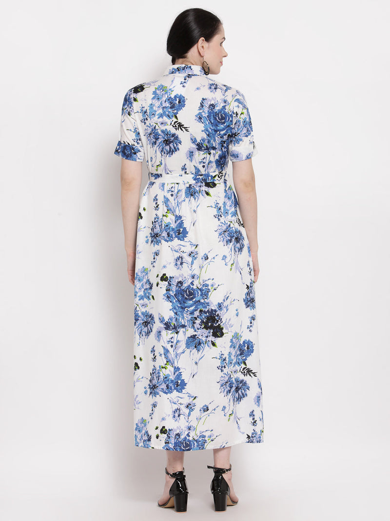 Indibelle Rayon Blue Floral Print A-Line Dress