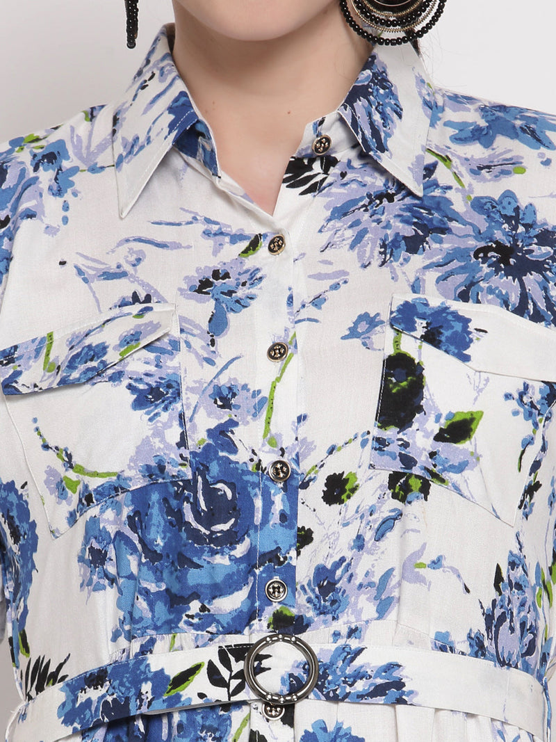 Indibelle Rayon Blue Floral Print A-Line Dress