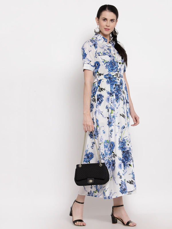 Indibelle Rayon Blue Floral Print A-Line Dress