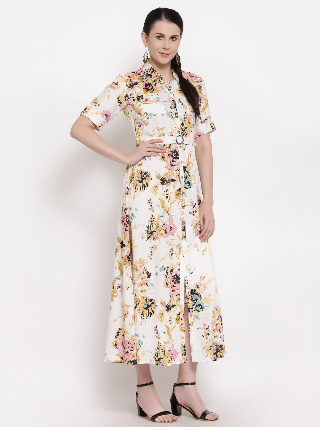 Indibelle Rayon Pink Floral Print A-Line Dress