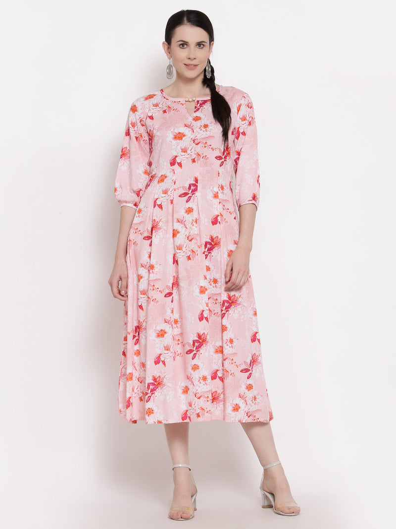 Indibelle Rayon Floral Print Midi Dress (Pink)