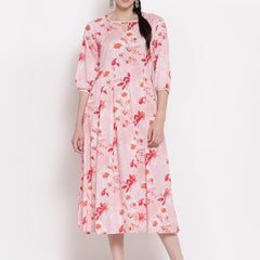 Indibelle Rayon Floral Print Midi Dress (Pink)