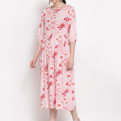 Indibelle Rayon Floral Print Midi Dress (Pink)