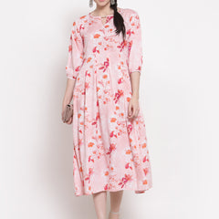 Indibelle Rayon Floral Print Midi Dress (Pink)