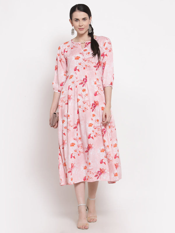 Indibelle Rayon Floral Print Midi Dress (Pink)