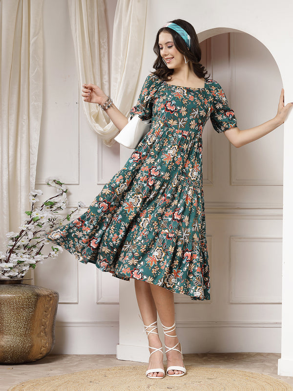 Indibelle Rayon Floral Print Flared Dress (Green)