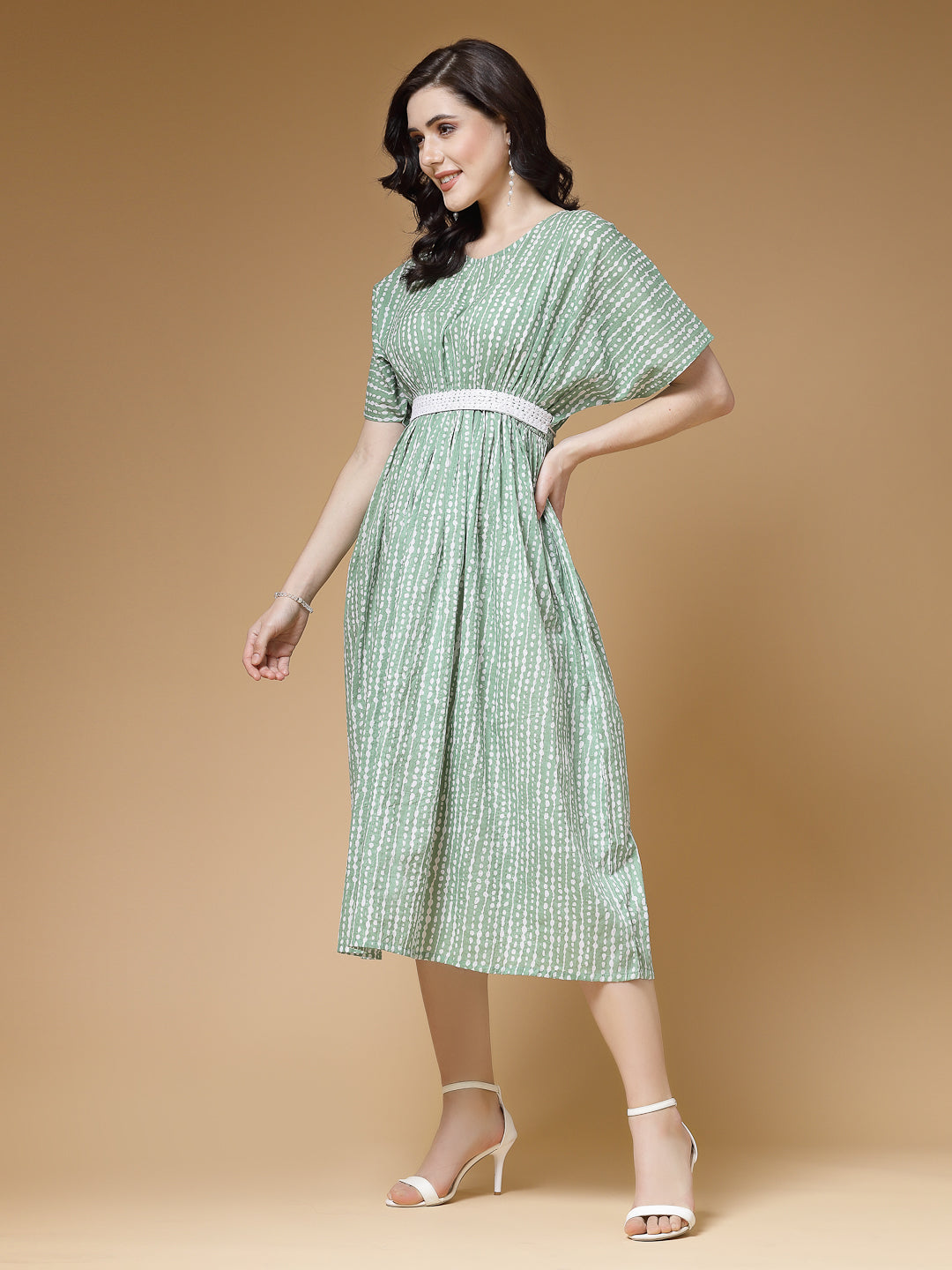 Indibelle Green Stripe Print Cotton Lurex Belted Flared Dress