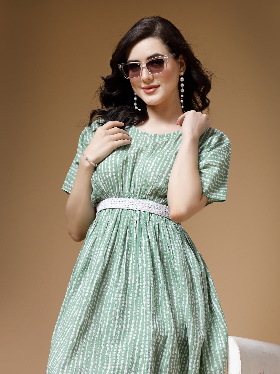 Indibelle Green Stripe Print Cotton Lurex Belted Flared Dress