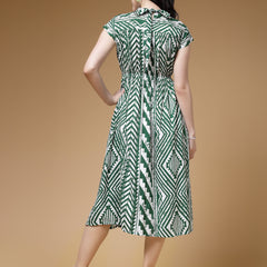 Indibelle Green Geometric Print Rayon Flared Dress