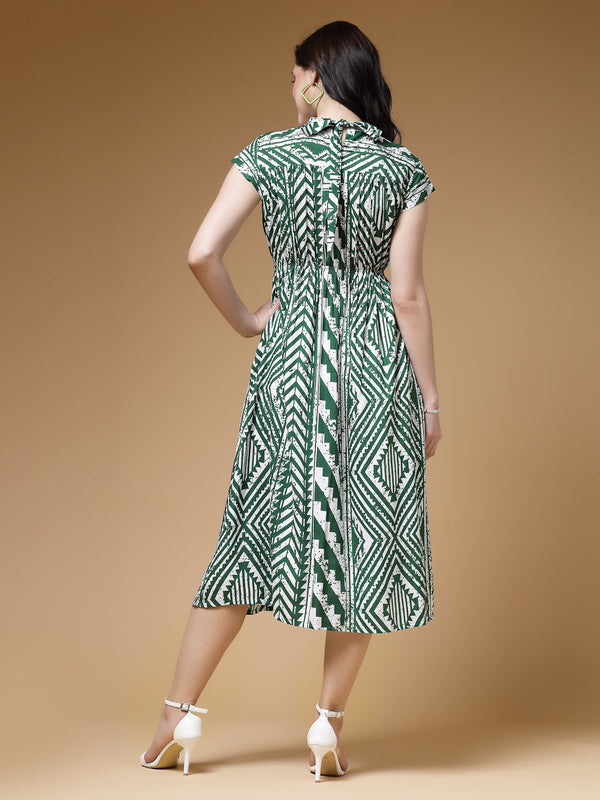 Indibelle Green Geometric Print Rayon Flared Dress