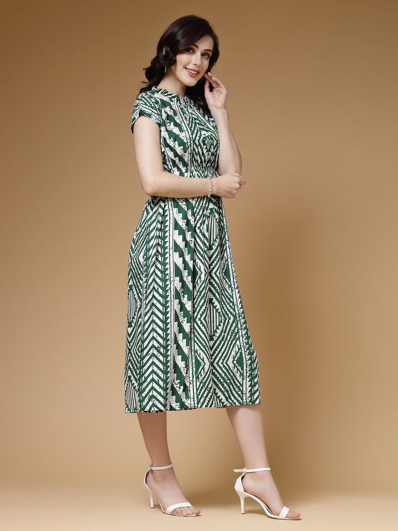 Indibelle Green Geometric Print Rayon Flared Dress