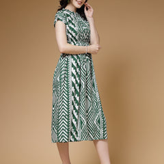 Indibelle Green Geometric Print Rayon Flared Dress