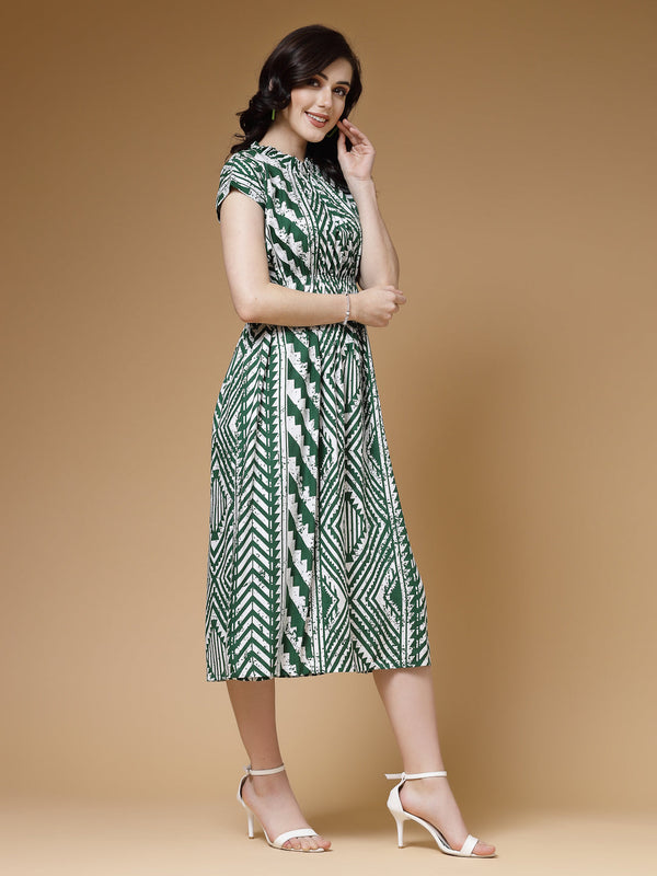 Indibelle Green Geometric Print Rayon Flared Dress