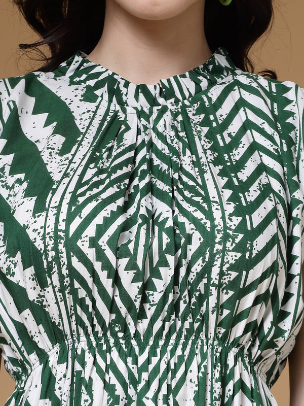 Indibelle Green Geometric Print Rayon Flared Dress
