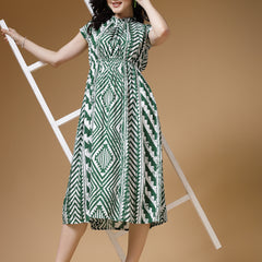 Indibelle Green Geometric Print Rayon Flared Dress