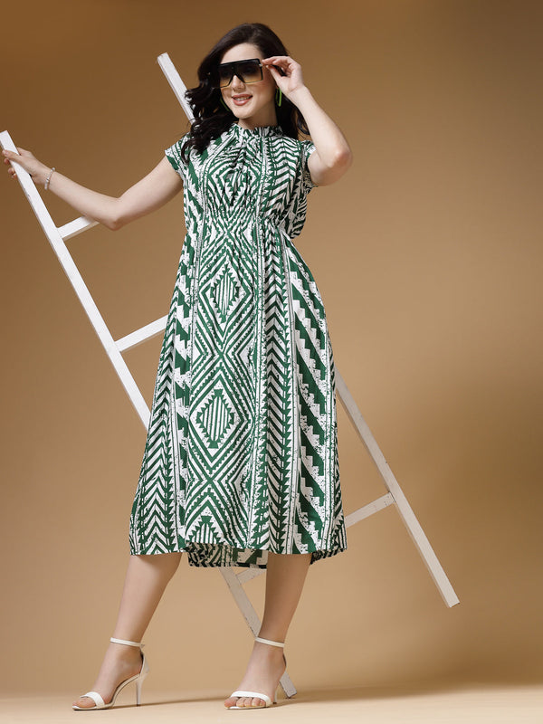 Indibelle Green Geometric Print Rayon Flared Dress