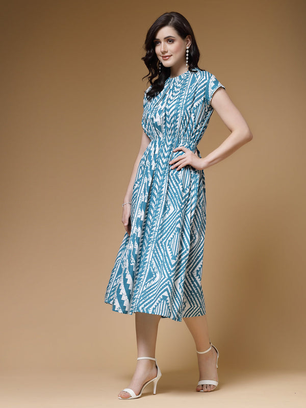 Indibelle Sky Blue Geometric Print Rayon Flared Dress