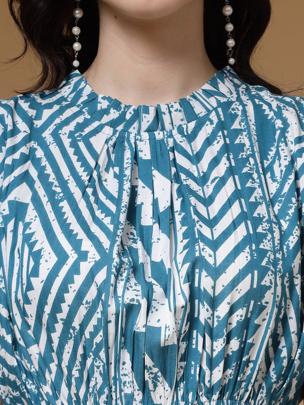 Indibelle Sky Blue Geometric Print Rayon Flared Dress
