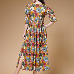 Indibelle Mustard Floral Print Rayon Flared Dress