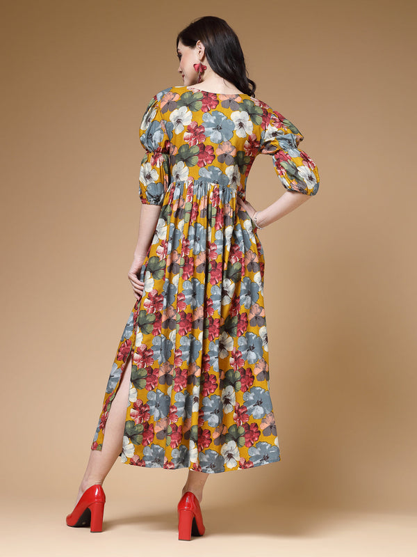 Indibelle Mustard Floral Print Rayon Flared Dress
