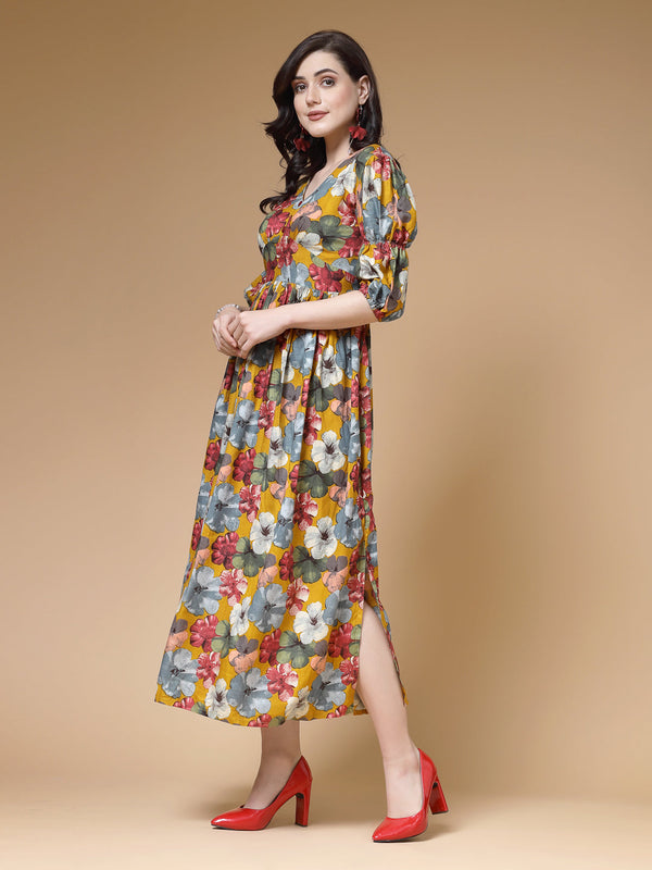 Indibelle Mustard Floral Print Rayon Flared Dress