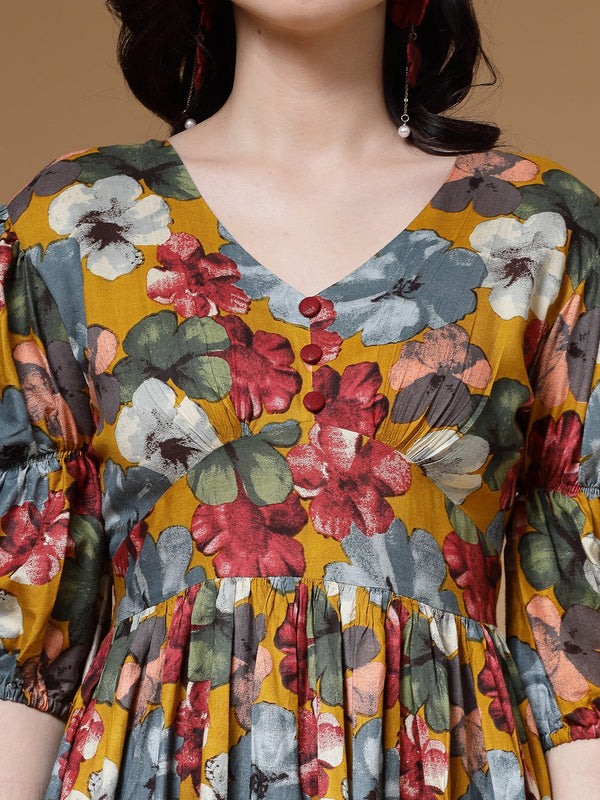 Indibelle Mustard Floral Print Rayon Flared Dress