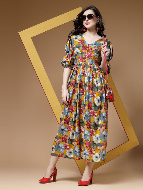 Indibelle Mustard Floral Print Rayon Flared Dress