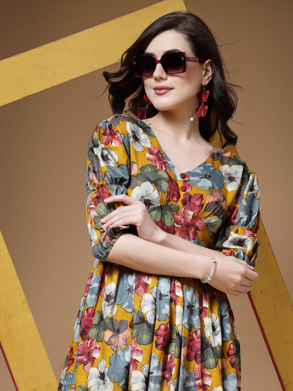 Indibelle Mustard Floral Print Rayon Flared Dress