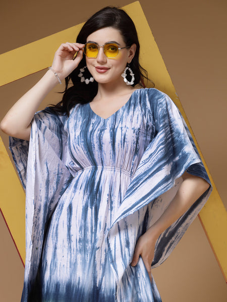 Indibelle Blue Tie Dye Print Cotton Kaftan Dress