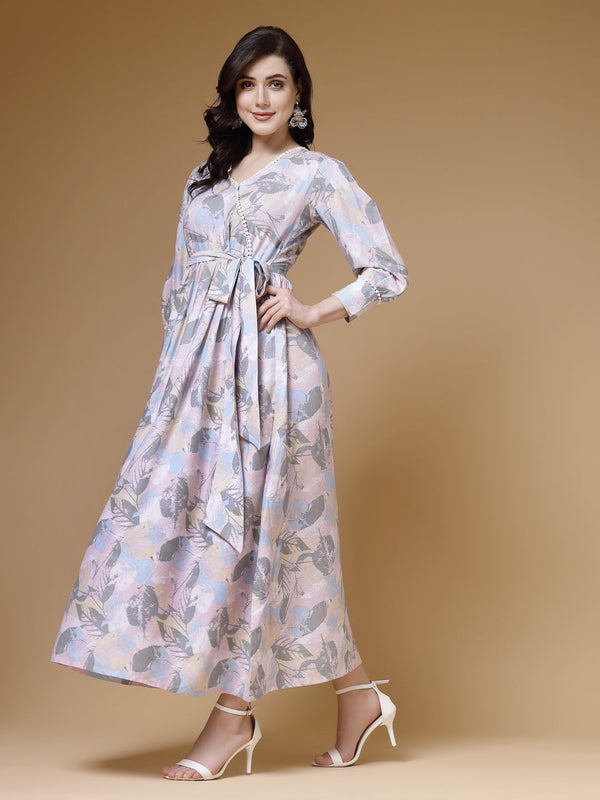 Indibelle Pink Abstract Print Rayon Belted Dress