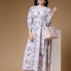 Indibelle Pink Abstract Print Rayon Belted Dress