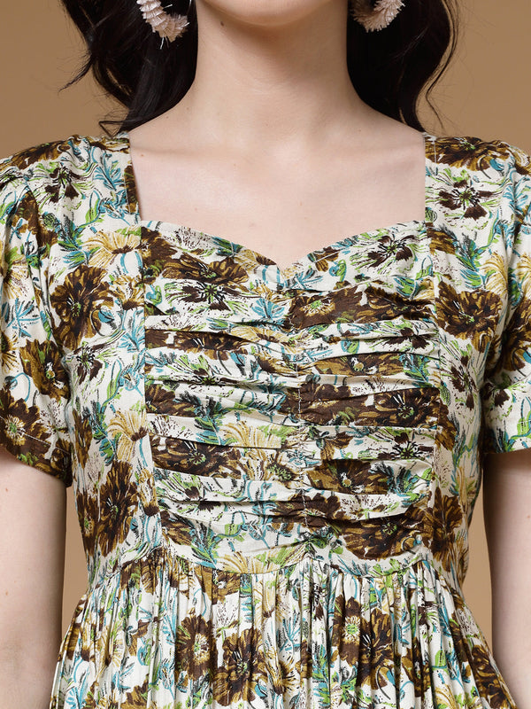 Indibelle Mehandi Floral Print Rayon Dress