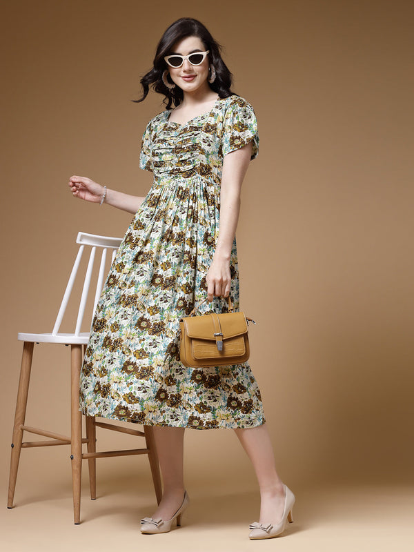 Indibelle Mehandi Floral Print Rayon Dress