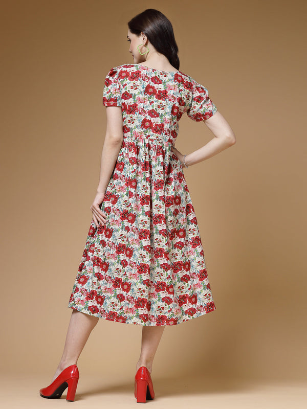 Indibelle Red Floral Print Rayon Dress