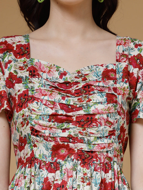Indibelle Red Floral Print Rayon Dress