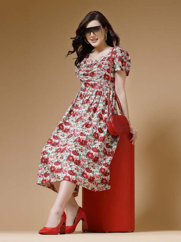 Indibelle Red Floral Print Rayon Dress