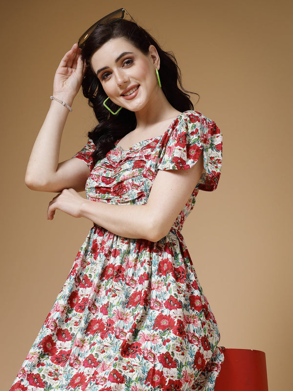 Indibelle Red Floral Print Rayon Dress