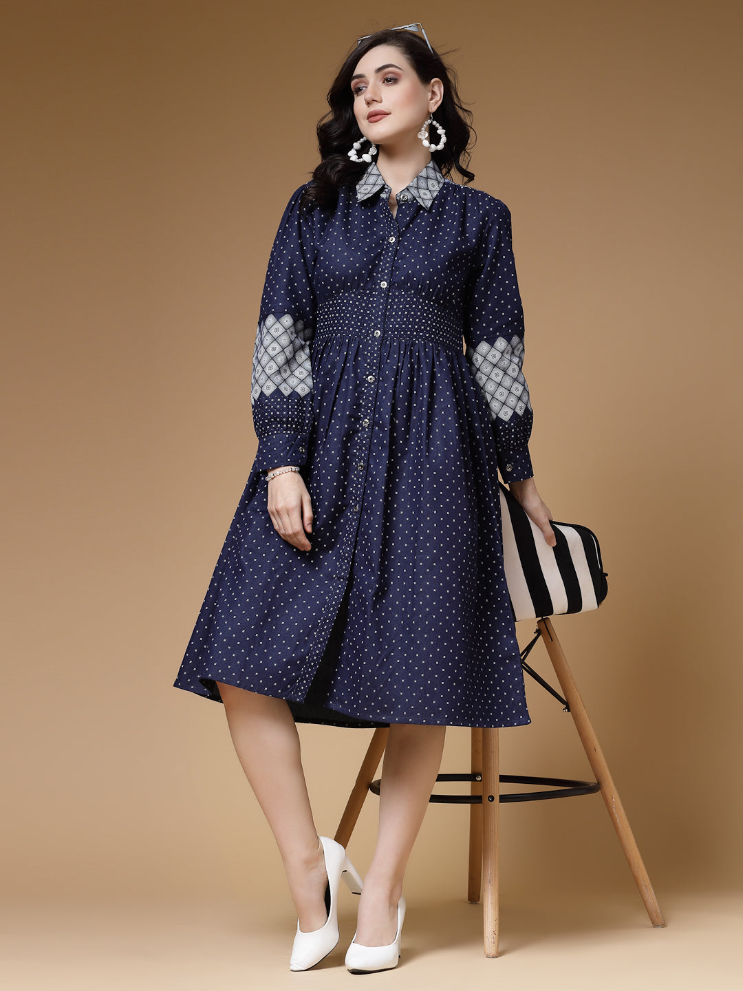 Indibelle Blue Printed Denim A-Line Dress